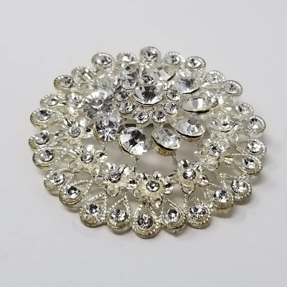 Large Clear Rhinestone Brooch Tiered Silver Tone Round 3D Flower Pin Teardrop